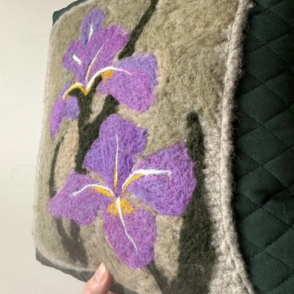 Felted Wool Iris Throw Pillow Botanical Handmade Bohemian
